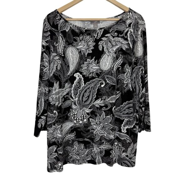 J. Jill Wearever Collection Paisley Floral Stretch Top 3/4 Sleeves Black Gray - Picture 1 of 11